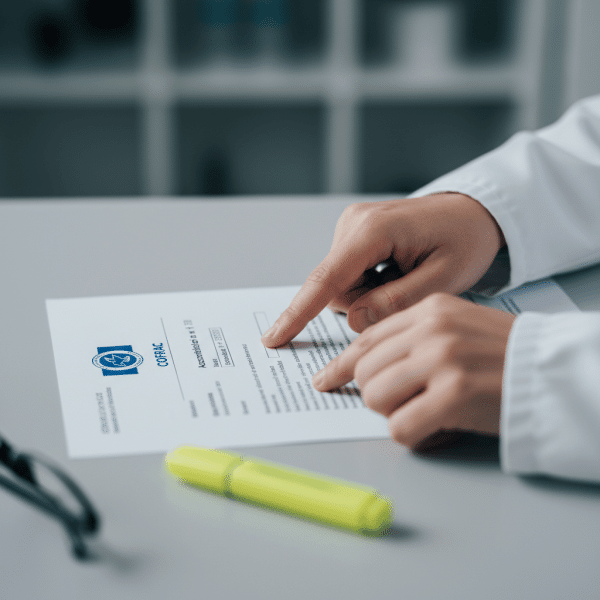 Mains professionnelles pointant le numéro d'accréditation COFRAC sur un certificat d'analyse COA CBD